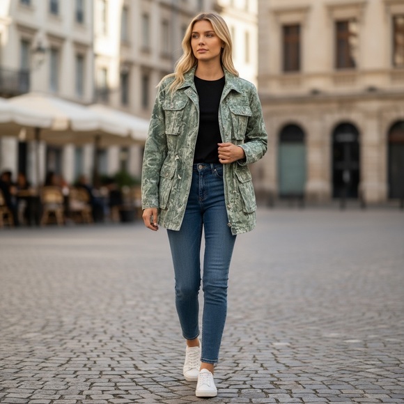 🆕 POL - Distressed Denim - Safari - Utility Jacket - Pale Sage - 100% COTTON - Picture 7 of 10